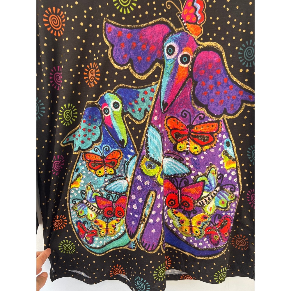 Laurel Burch Black Tunic Top SZ XXL Whimsical Mythical Colorful Butterflies Dogs - Picture 2 of 8